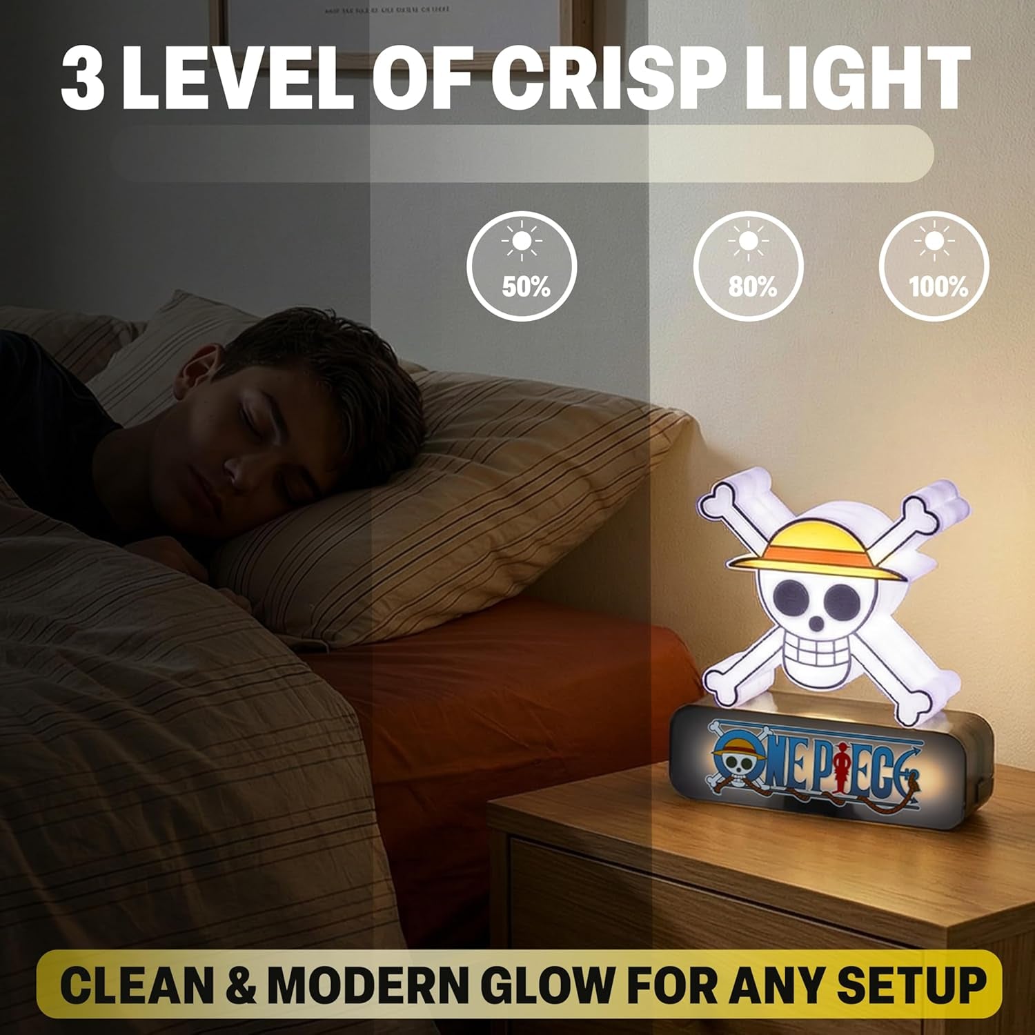 One Piece 3D Night Light, Straw Hat Table Desk Lamp, White LED Light for Bedroom, Dimmable 3 Brightness Levels, USB or Battery Operated Lamp, Home Room Decor, Manga, Anime Gifts (Multi 3D Skull)