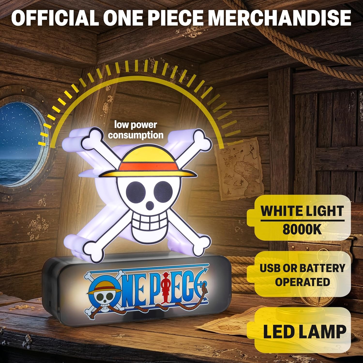 One Piece 3D Night Light, Straw Hat Table Desk Lamp, White LED Light for Bedroom, Dimmable 3 Brightness Levels, USB or Battery Operated Lamp, Home Room Decor, Manga, Anime Gifts (Multi 3D Skull)