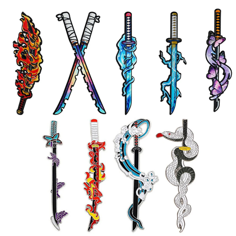 Demon Slayer Nichirin Sword Enamel Pin Set 4/5/9pcs Anime Katana Brooch Collection Tanjiro Zenitsu Inosuke Themed Lapel Pins