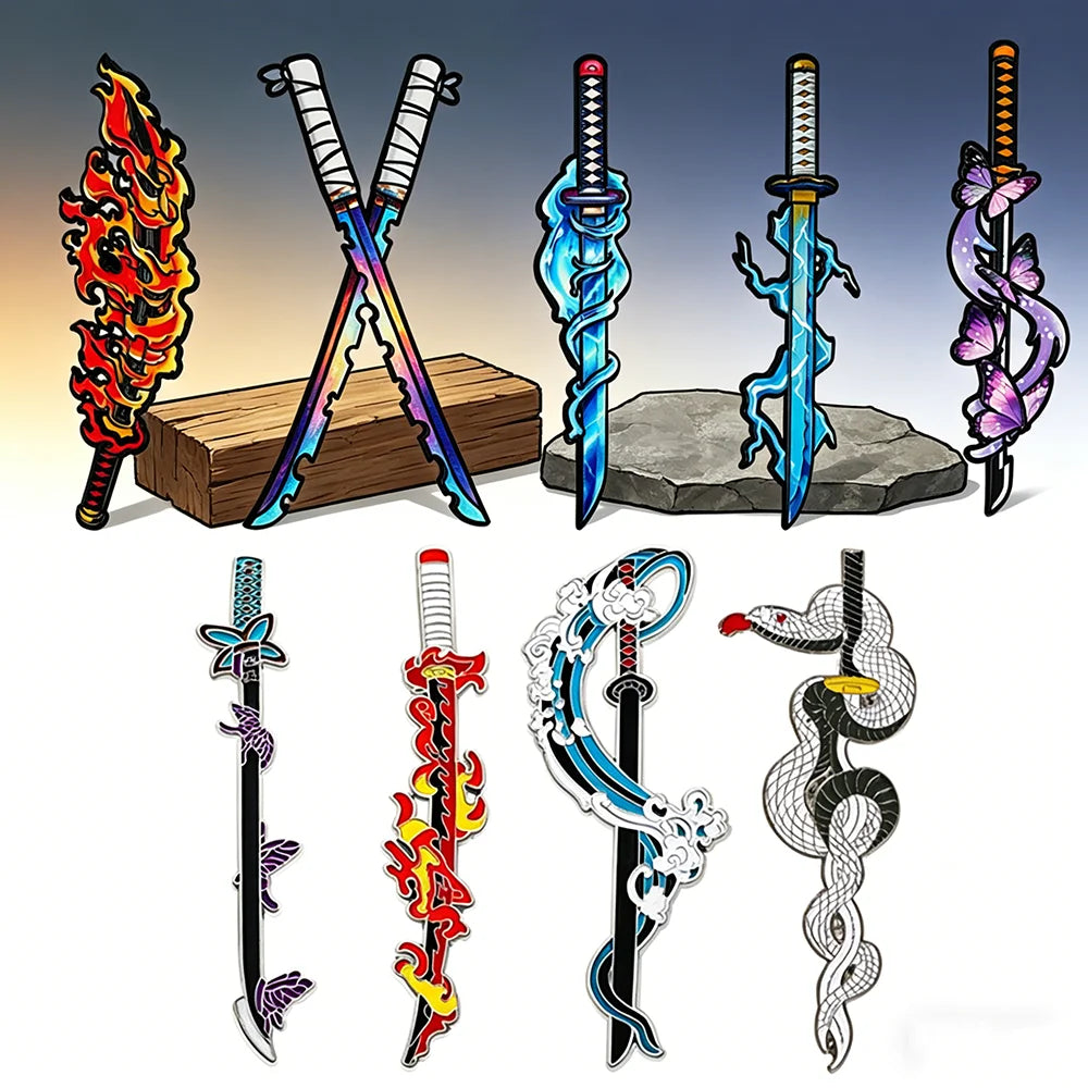 Demon Slayer Nichirin Sword Enamel Pin Set 4/5/9pcs Anime Katana Brooch Collection Tanjiro Zenitsu Inosuke Themed Lapel Pins