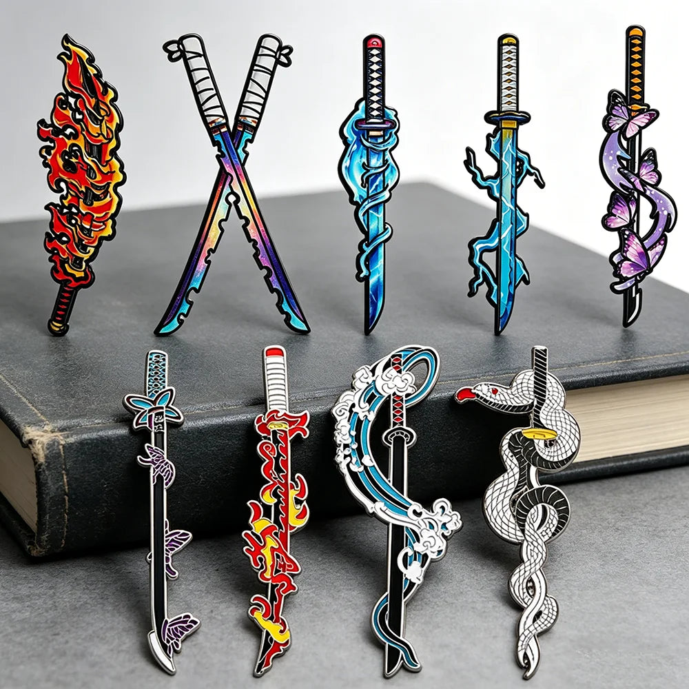 Demon Slayer Nichirin Sword Enamel Pin Set 4/5/9pcs Anime Katana Brooch Collection Tanjiro Zenitsu Inosuke Themed Lapel Pins