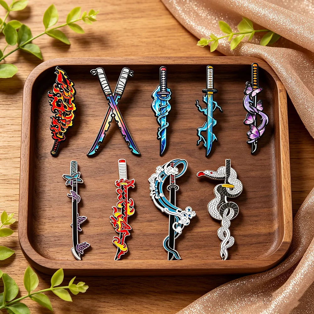 Demon Slayer Nichirin Sword Enamel Pin Set 4/5/9pcs Anime Katana Brooch Collection Tanjiro Zenitsu Inosuke Themed Lapel Pins