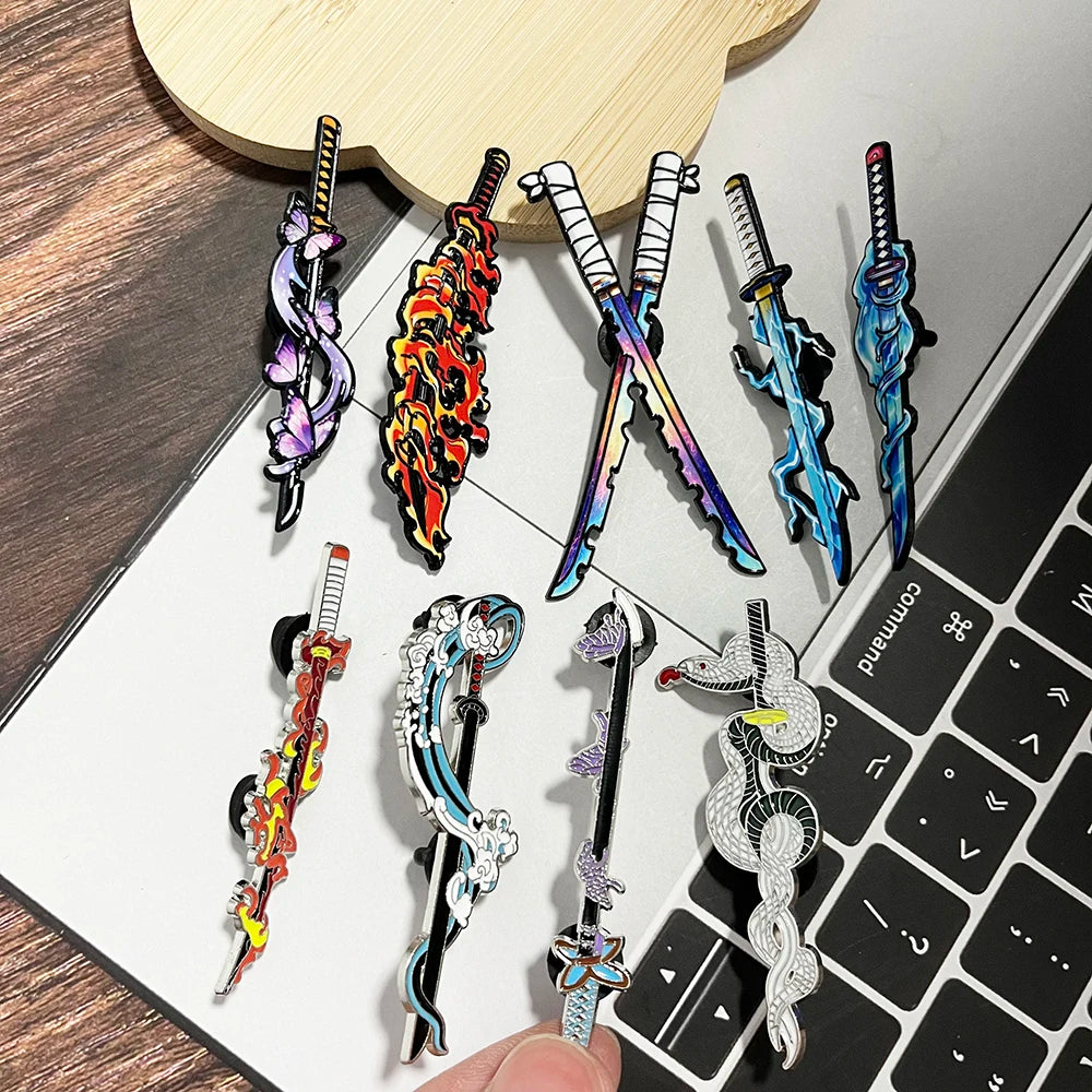 Demon Slayer Nichirin Sword Enamel Pin Set 4/5/9pcs Anime Katana Brooch Collection Tanjiro Zenitsu Inosuke Themed Lapel Pins